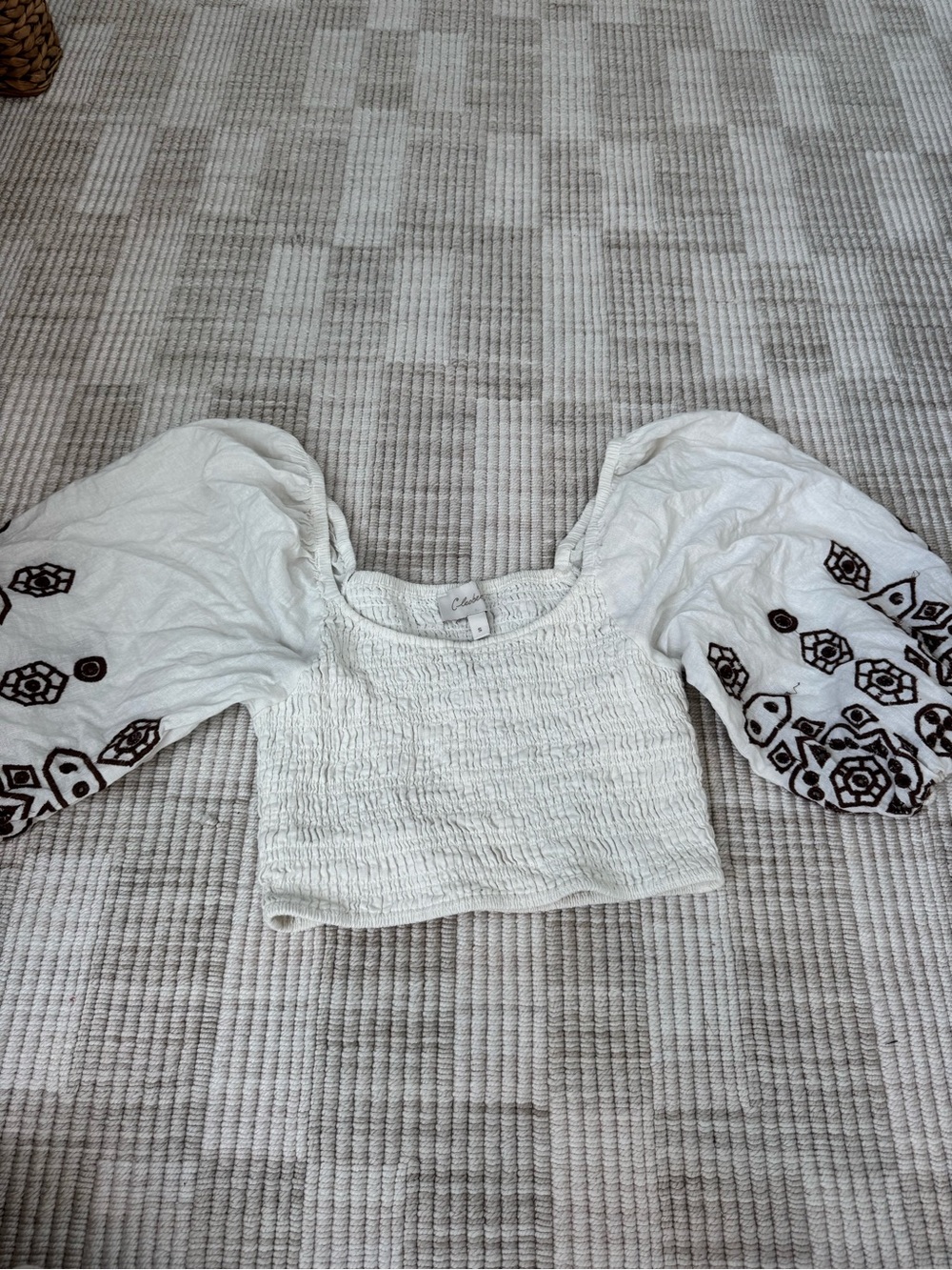 Cleobella White Smocked Crop Top with Embroidered Black Puff Sleeves